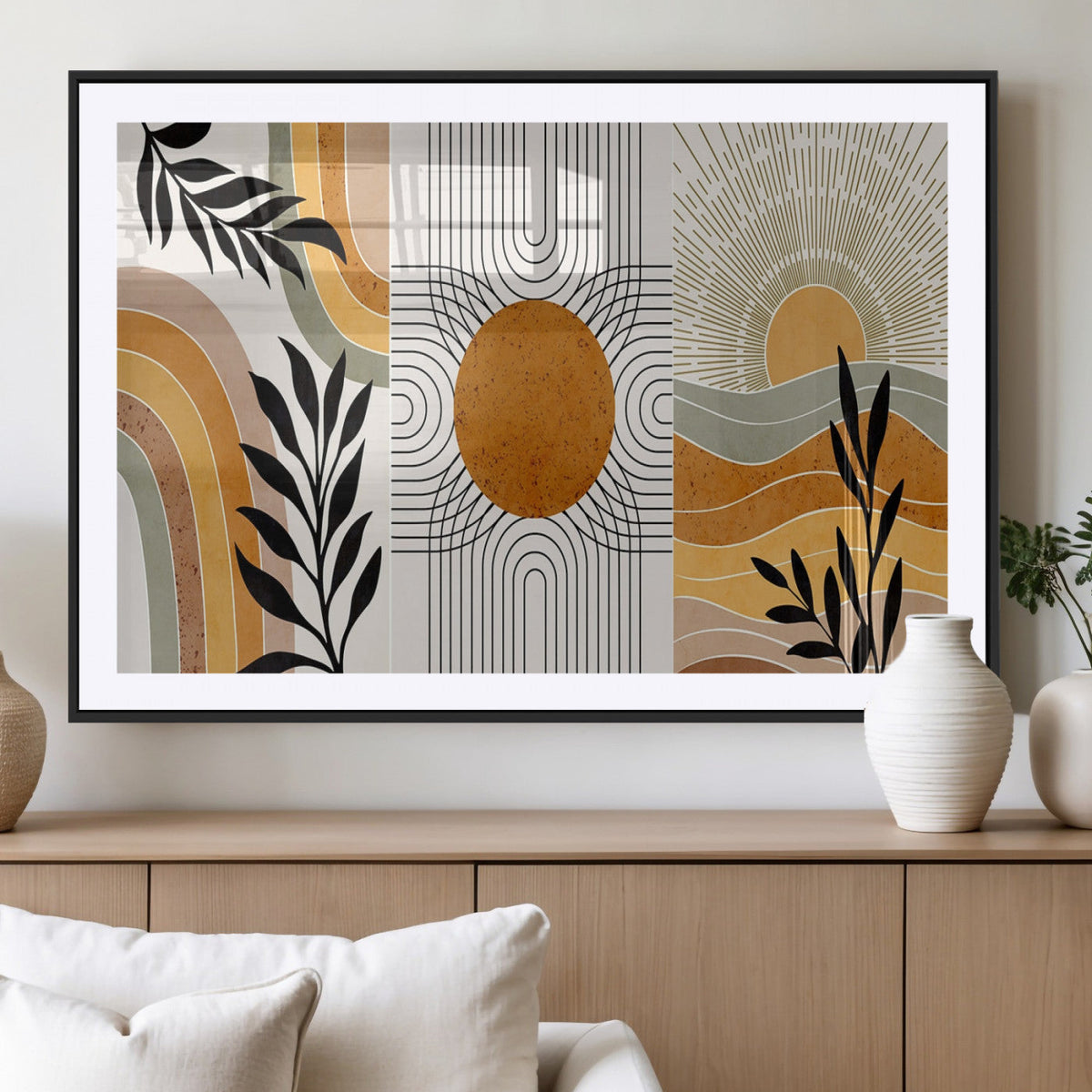 Modern Boho Sun and Leaf Abstract Art – 3-Panel Giclée