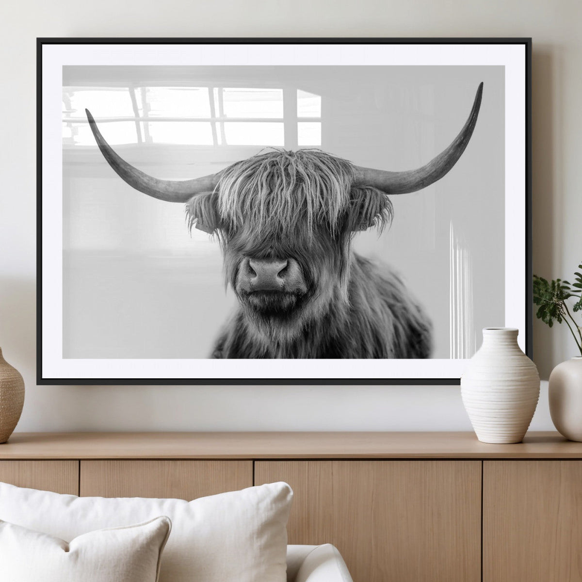Grayscale Scottish Highland Cow Cattle Art Print Farmhouse