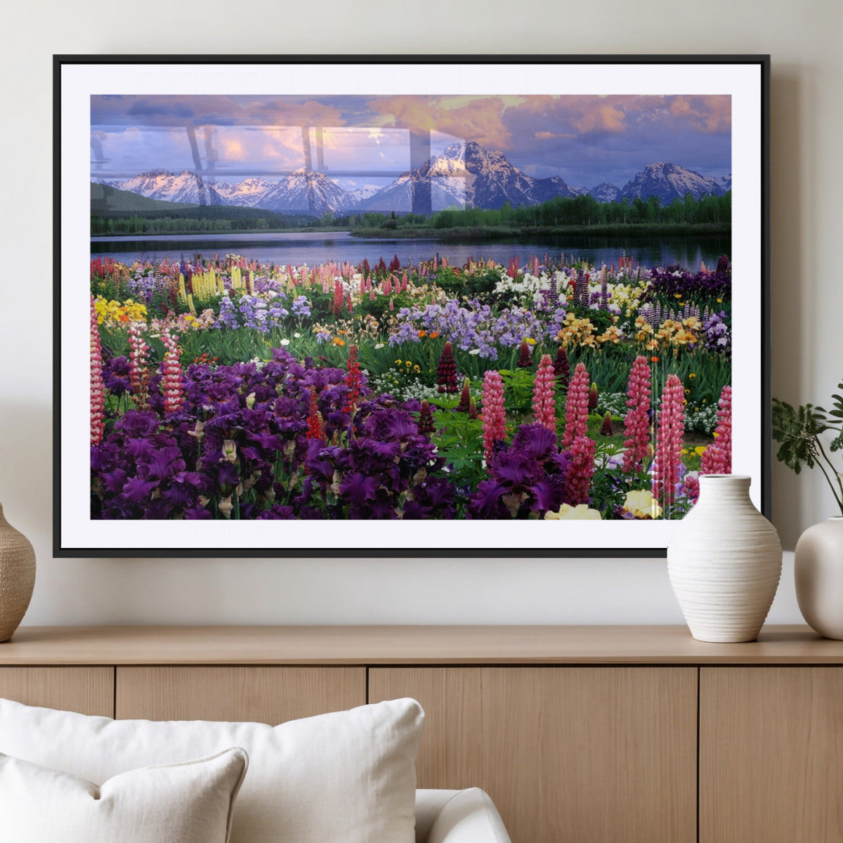 Vibrant Wildflower Garden and Mountain View Giclee Canvas