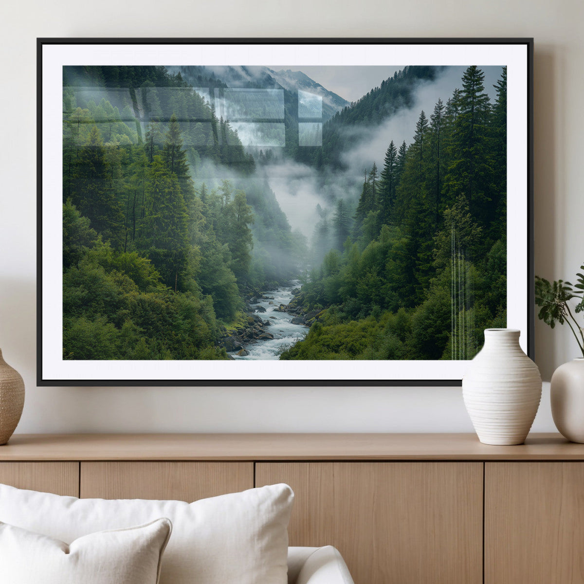 Mountain Forest River Canvas Wall Art Print - Serene Nature