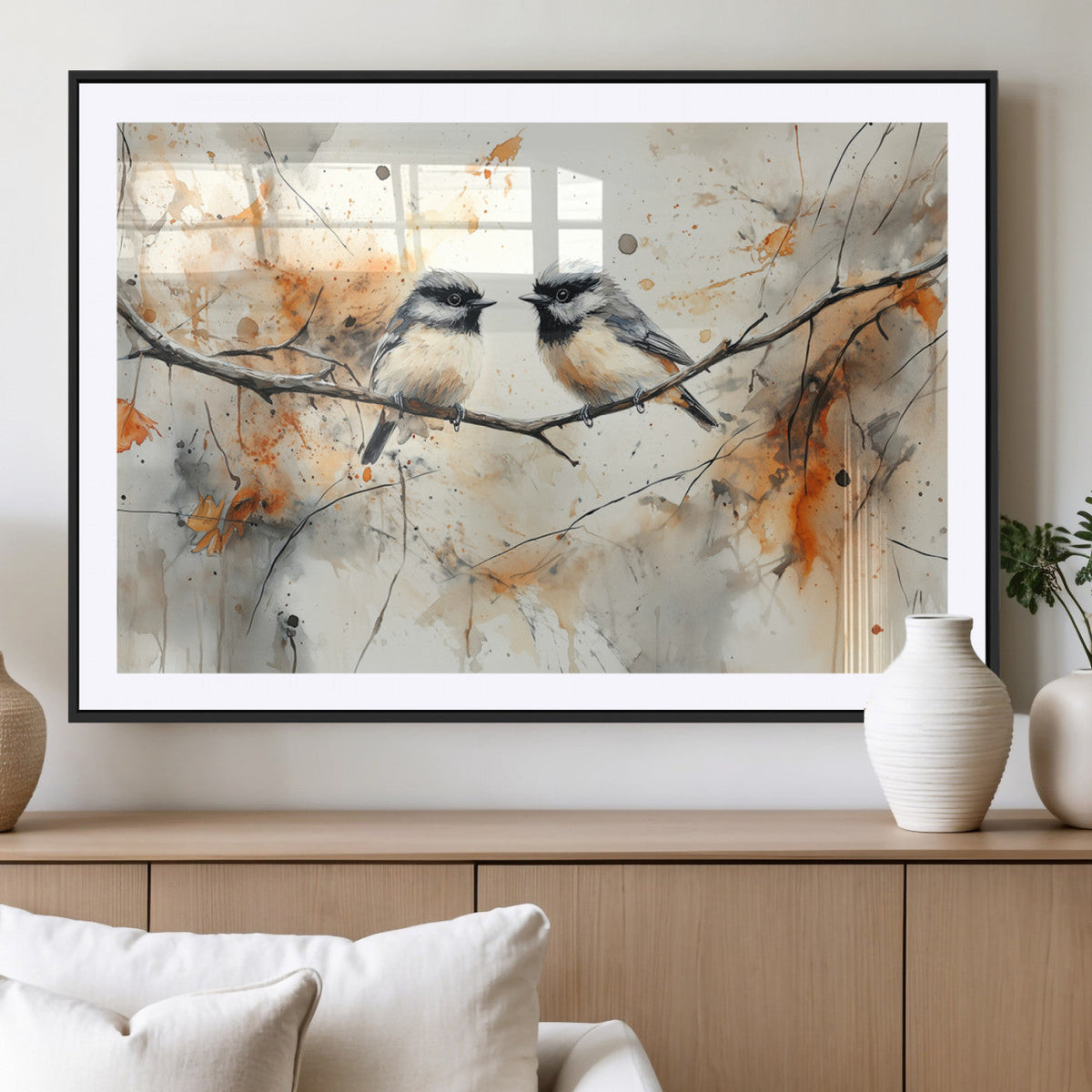 Abstract Watercolor Chickadee Bird Canvas Wall Art Print -