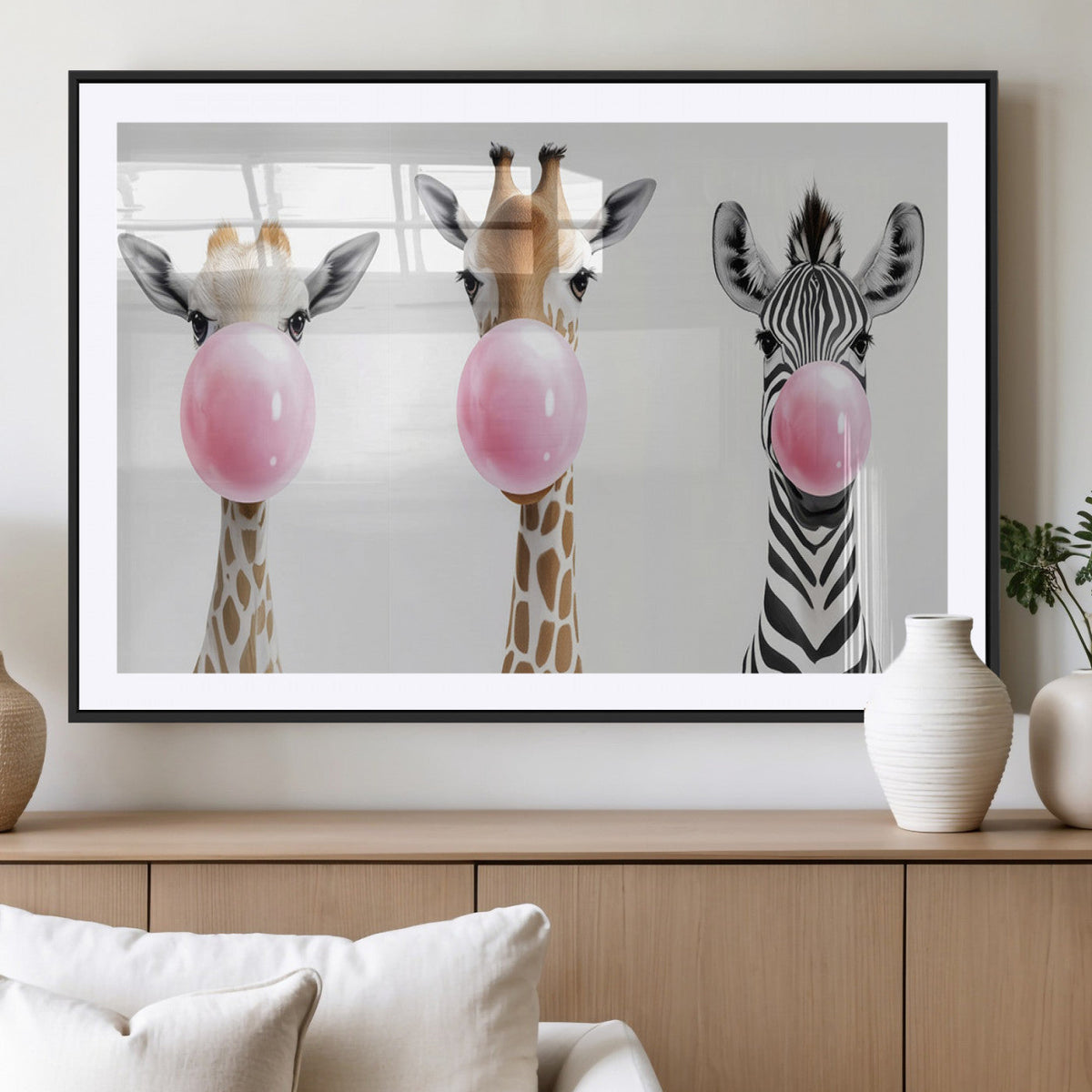 Bubblegum Animals Canvas Wall Art - Playful Giraffe and