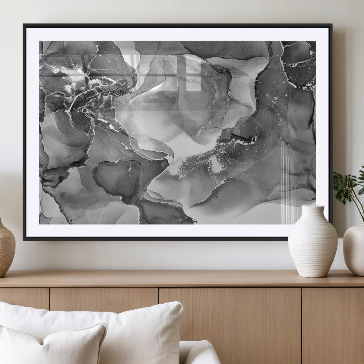 Black White Abstract Canvas Wall Art - Fluid Ink Artwork -