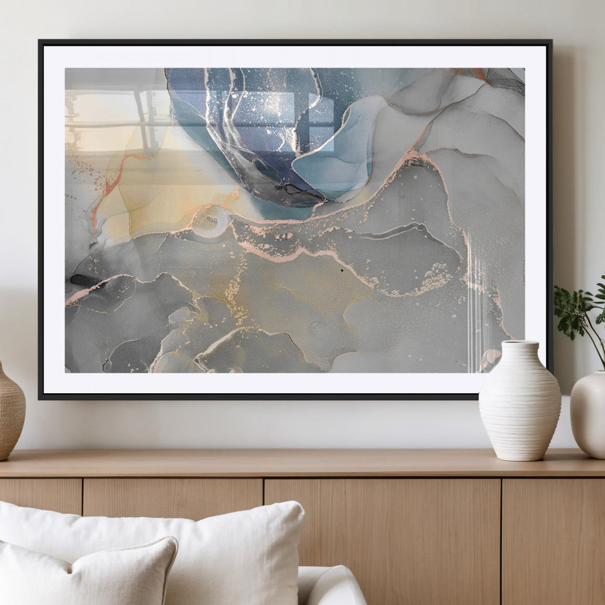 Large Abstract Blue and Gold Canvas Wall Art | Fluid Ink