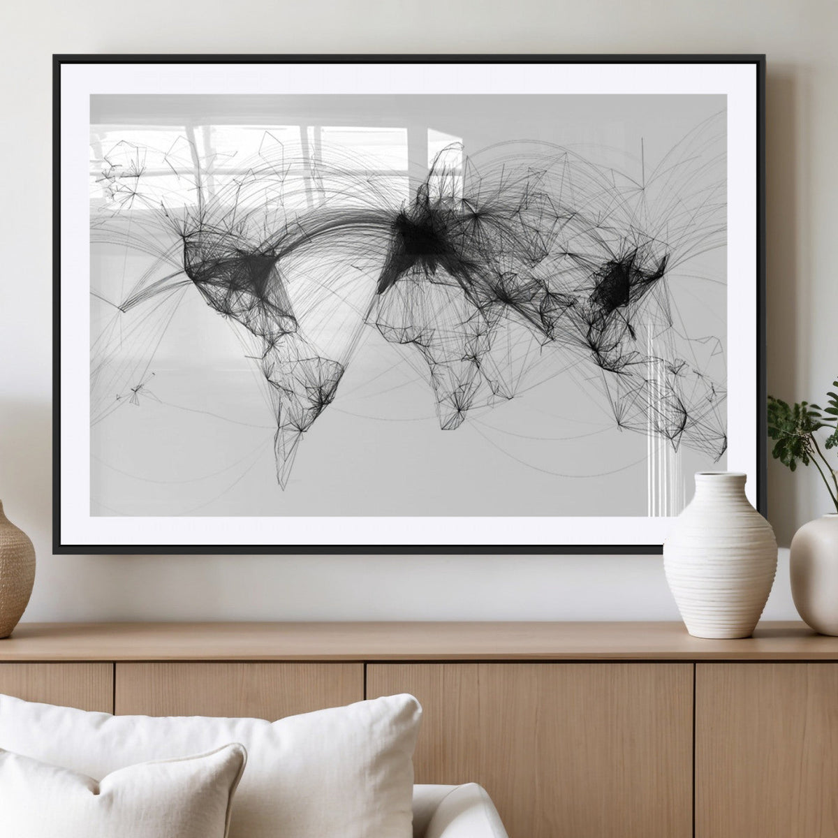 Abstract World Map Wall Art – Framed Geometric Line Canvas