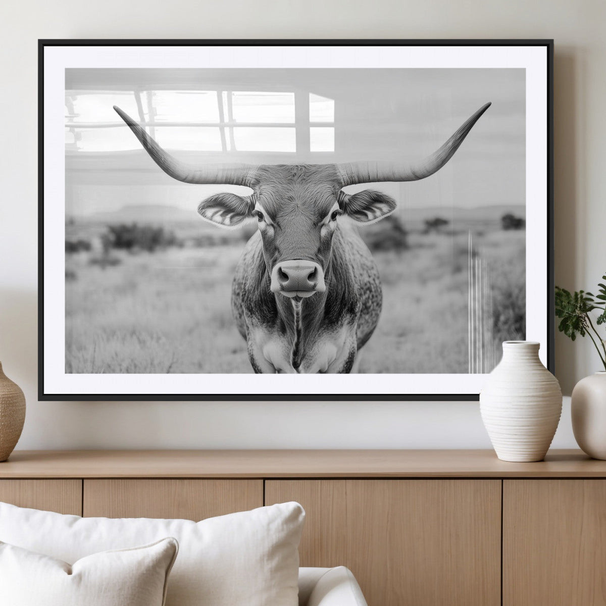 Highland Cow Wall Art Canvas Print – Black and White Western