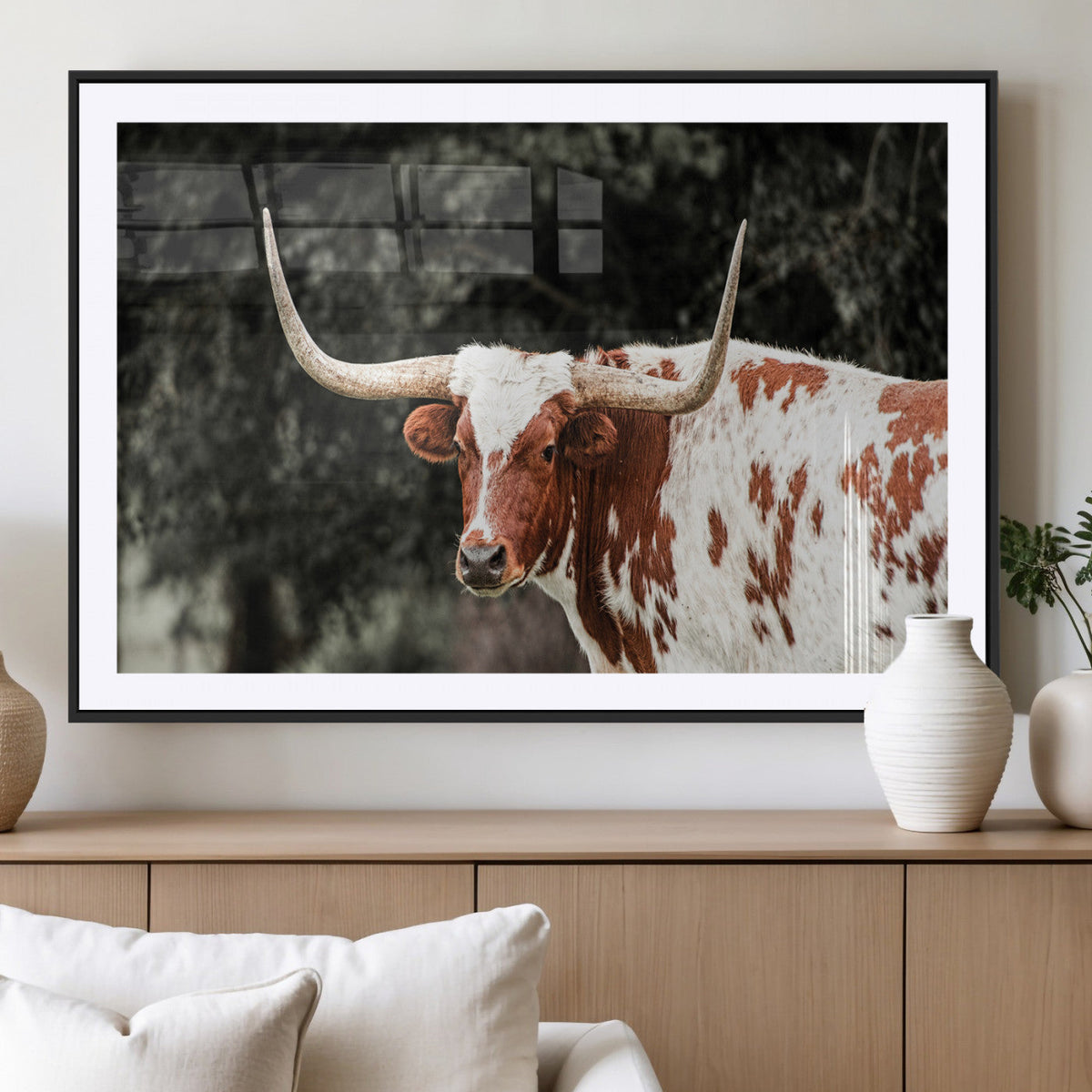 Texas Longhorn Wall Art Canvas Print – Framed Spotted Bull