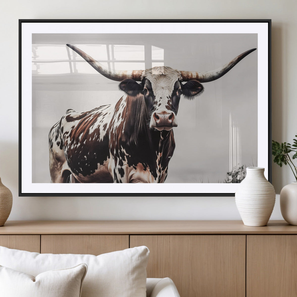 Texas Longhorn Wall Art Canvas Print – Framed Spotted Bull