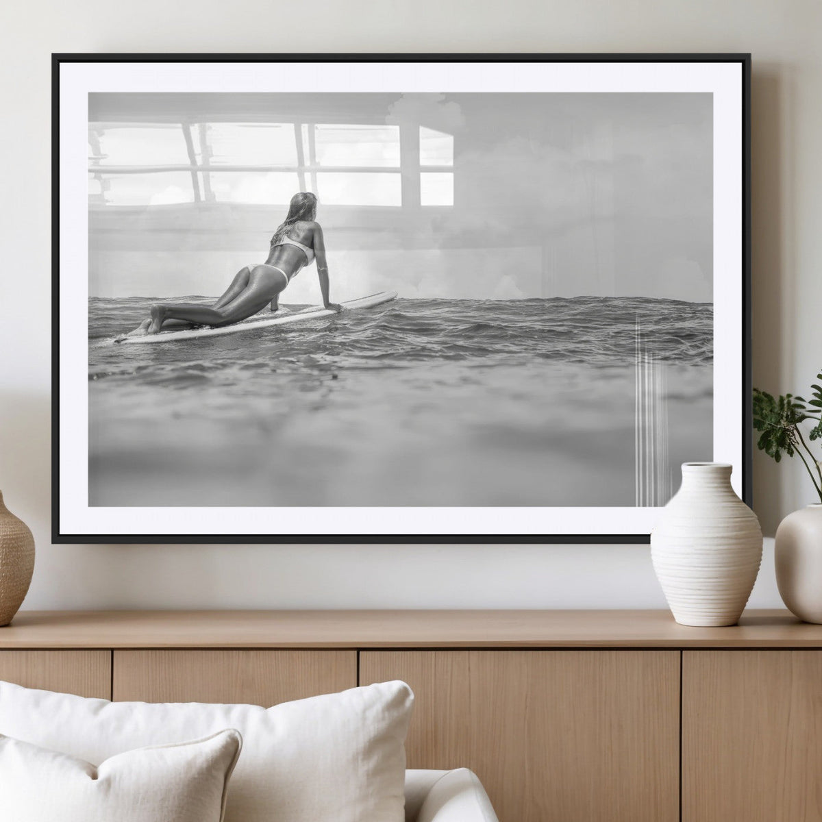 Black and White Surfing Wall Art Canvas Print – Framed Ocean