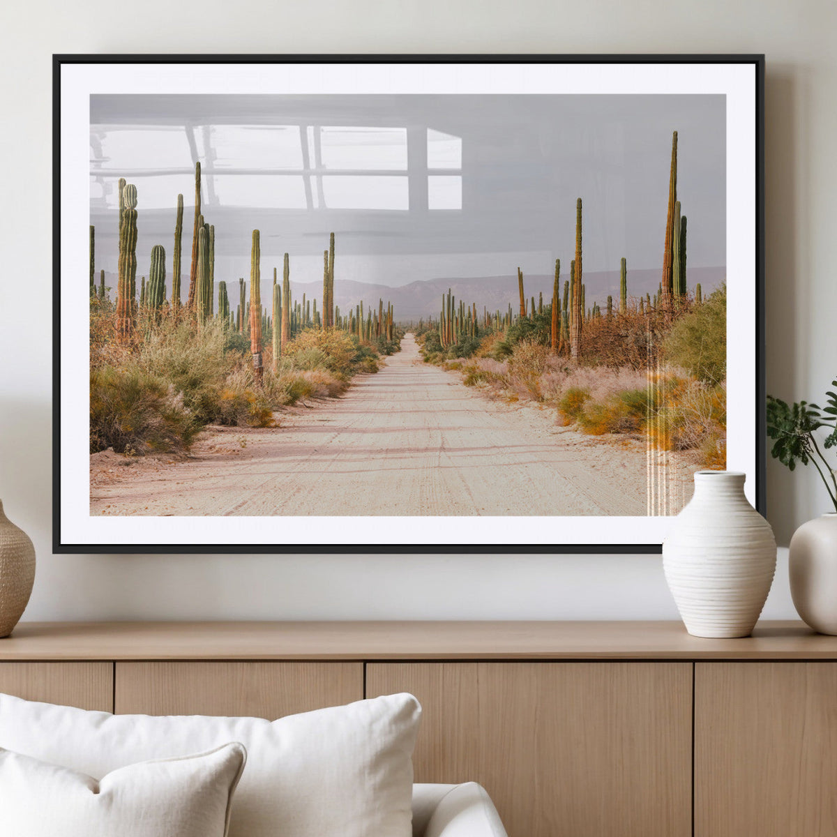 Desert Cactus Lined Road Wall Art Canvas Print – Framed
