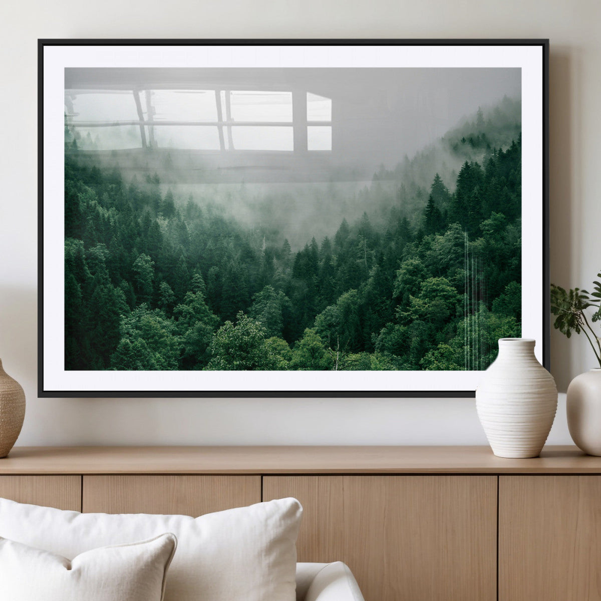 Misty Green Forest Canvas Print – Framed Serene Foggy Pine