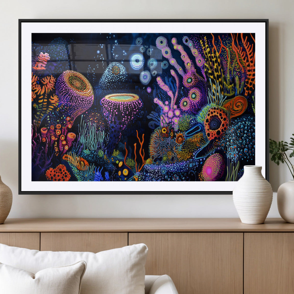 Vibrant Neon Coral Reef Wall Art Canvas Print, Colorful