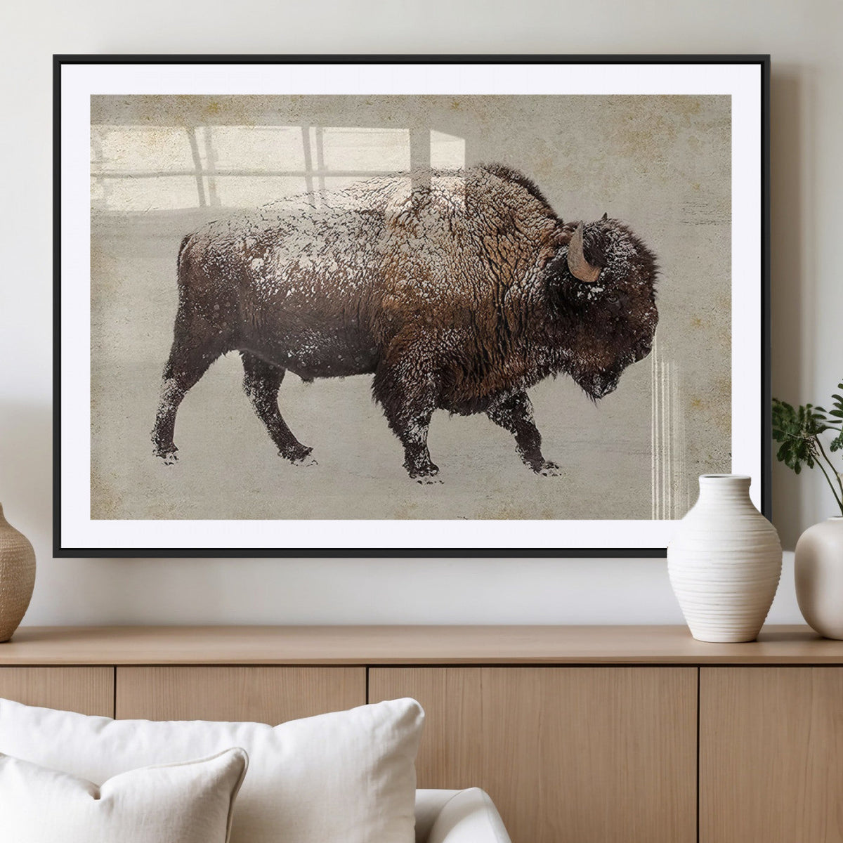 Snow-dusted bison silhouette textured vintage style rugged