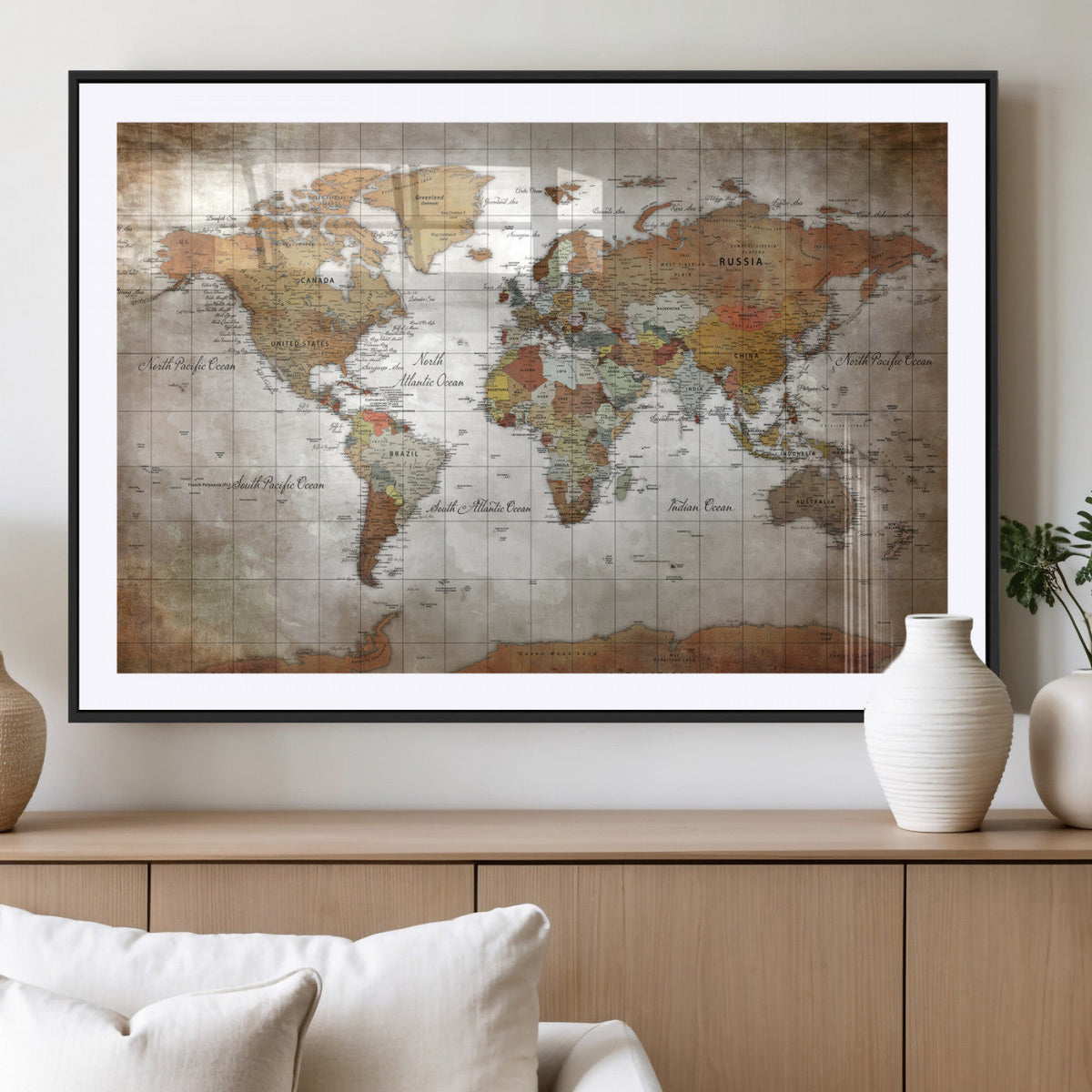 Vibrant Watercolor World Map Canvas Wall Art – Framed Travel