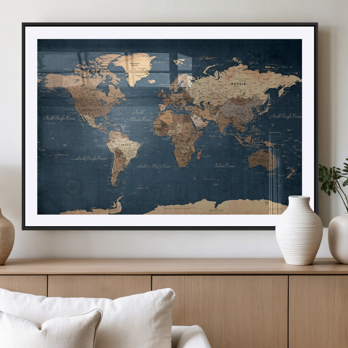 Navy Blue World Map Canvas Print – Framed Travel Map Wall