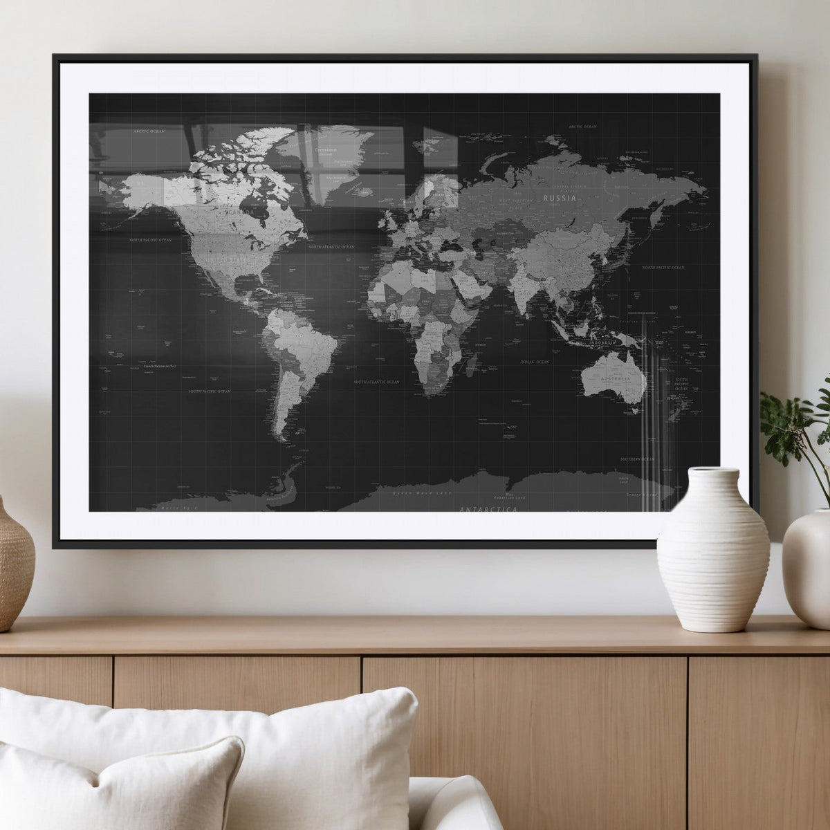 Black World Map Wall Art Canvas Print – Detailed Map of the