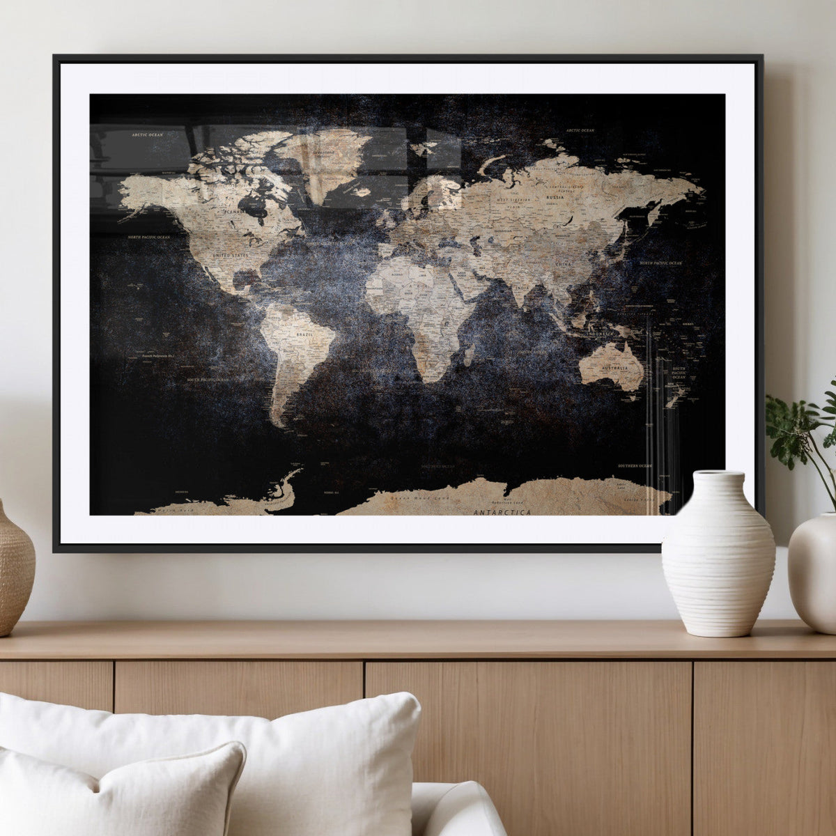 Grunge World Map Wall Art | 3-Panel Large Beige and Brown