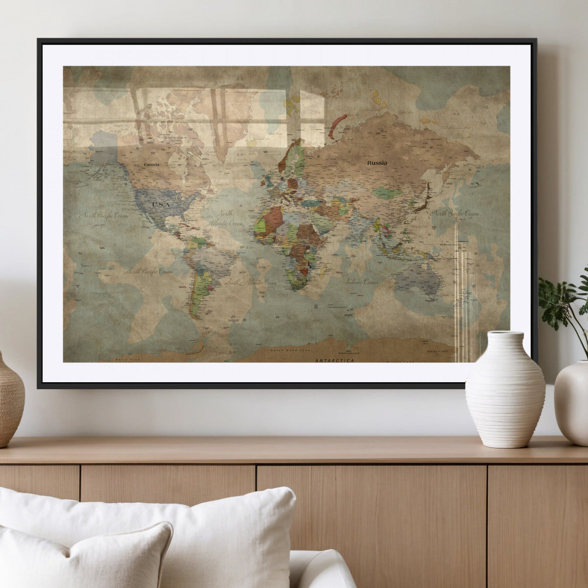 World Map Wall Art Canvas Print, Rustic Map Print, Framed