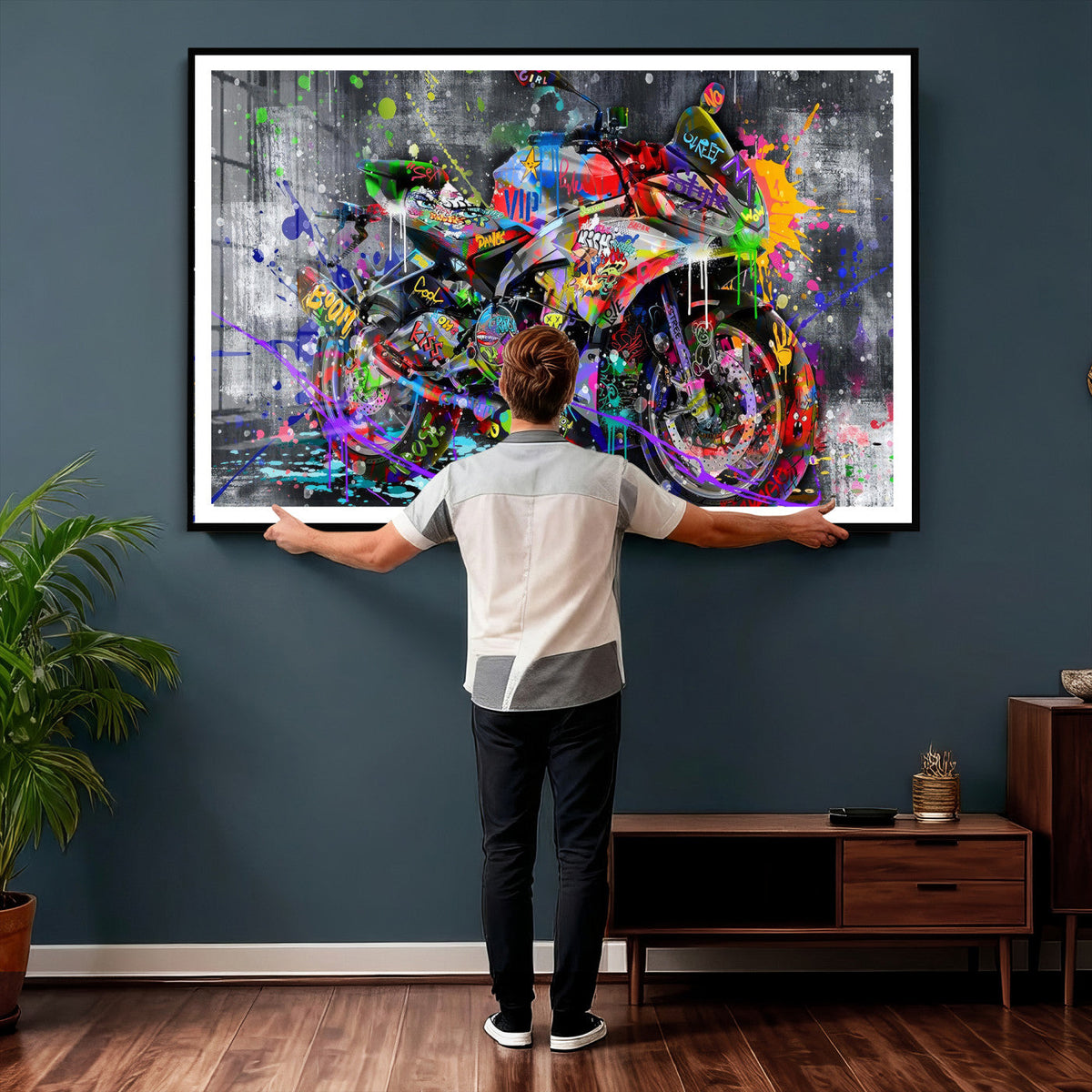 Graffiti Motorcycle Wall Art Canvas Print, Urban Street Art