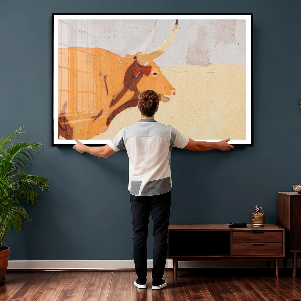 Minimal Longhorn Bull Wall Art Canvas Print, Neutral Western