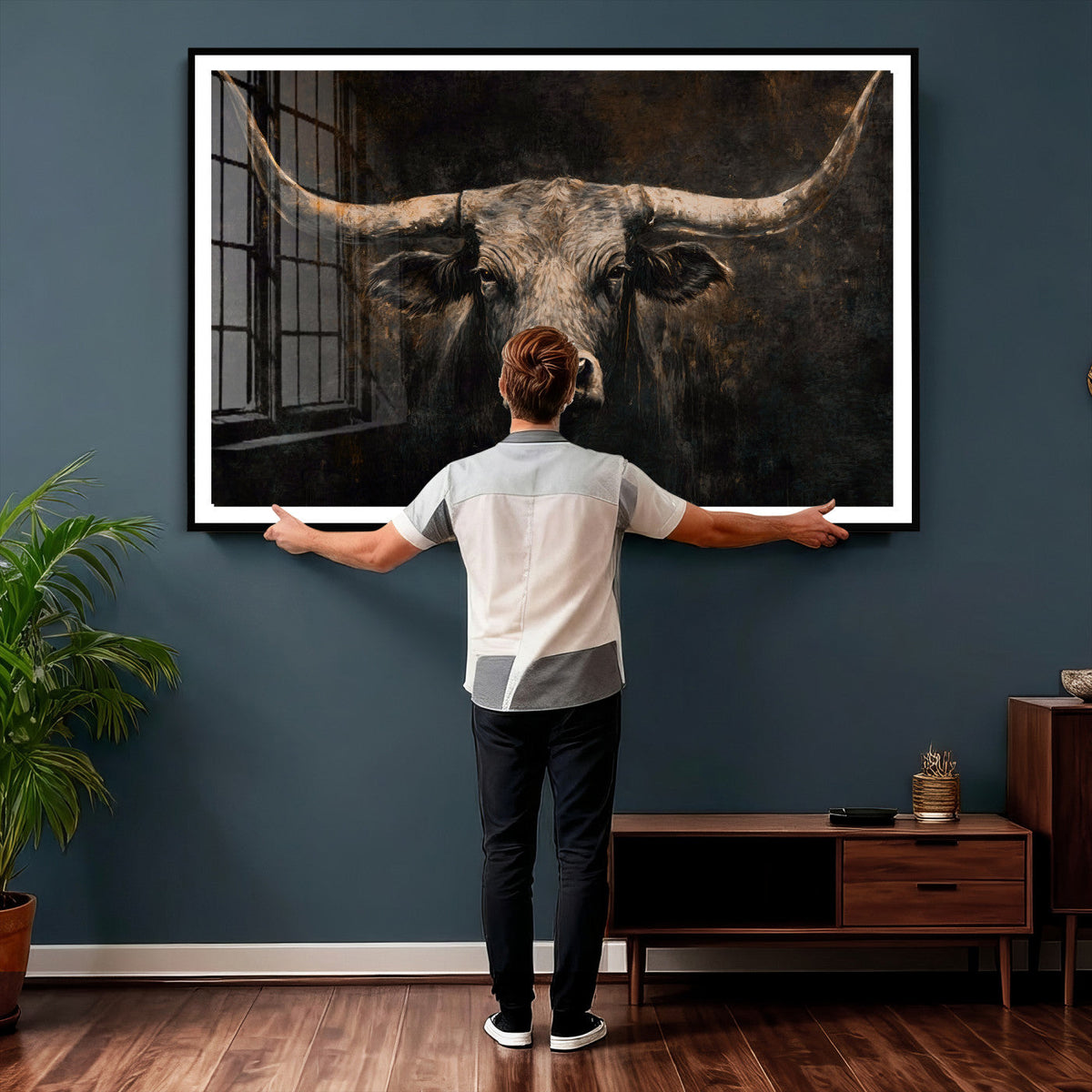 Vintage Longhorn Bull Wall Art Canvas Print – Rustic Western