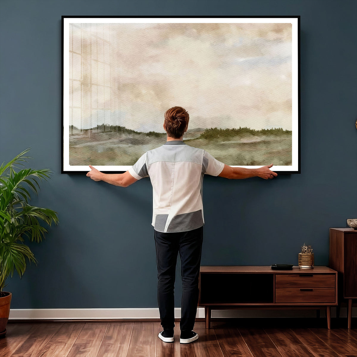 Muted Watercolor Hill Landscape Print — Beige Taupe Cloudy