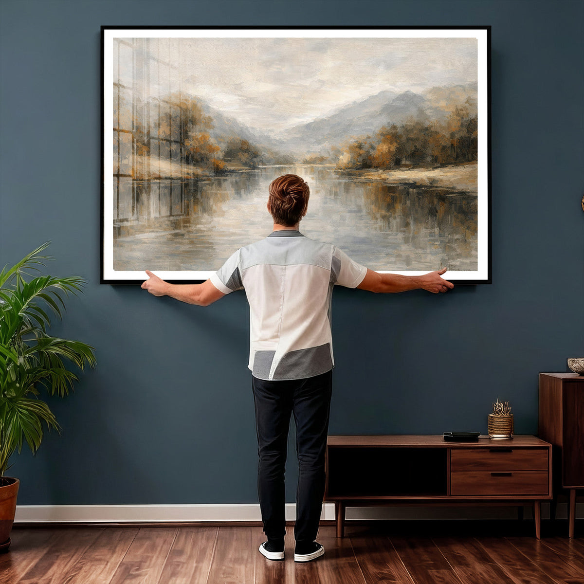 Neutral Abstract River Landscape Wall Art Canvas Print