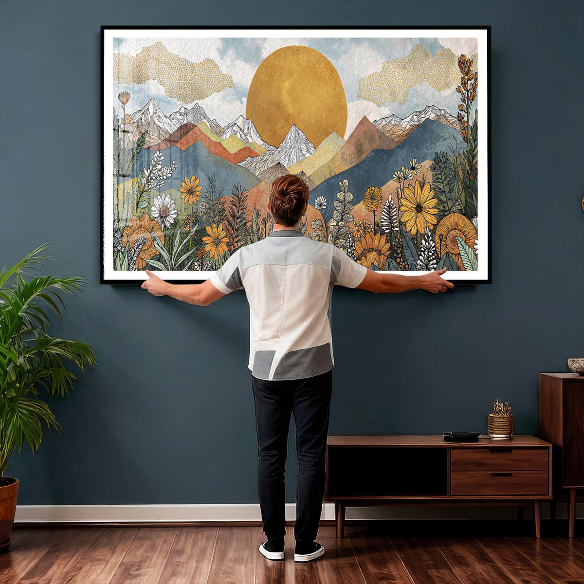 Boho Mountain Landscape Large Wall Art, Horizontal Gold
