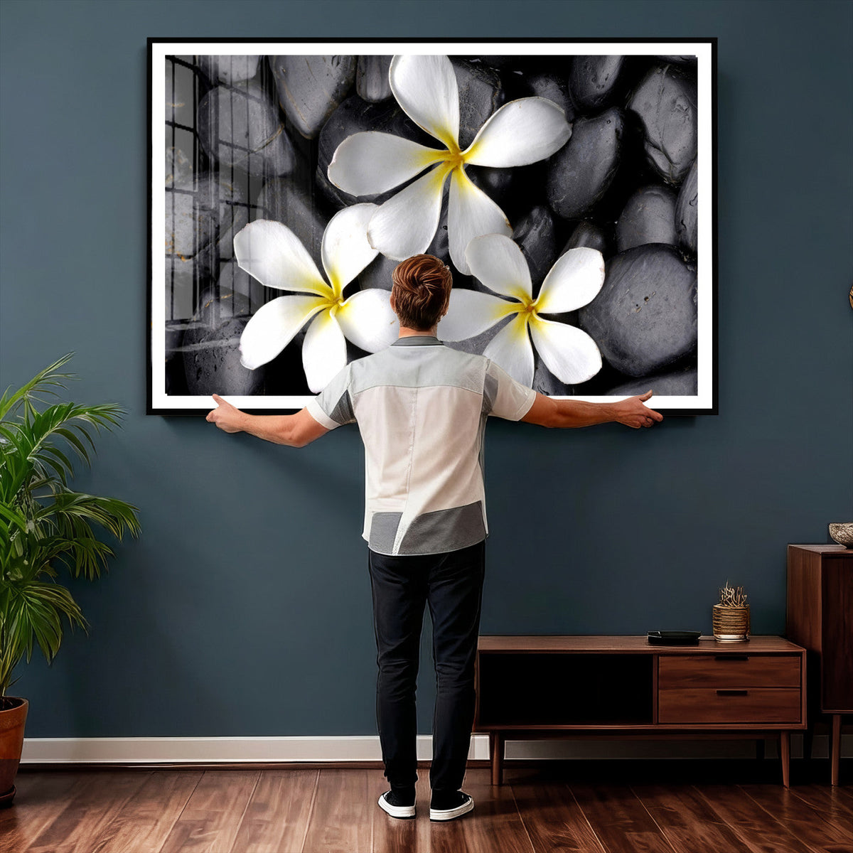 Plumeria Frangipani Black Stone Canvas | White Flower Spa