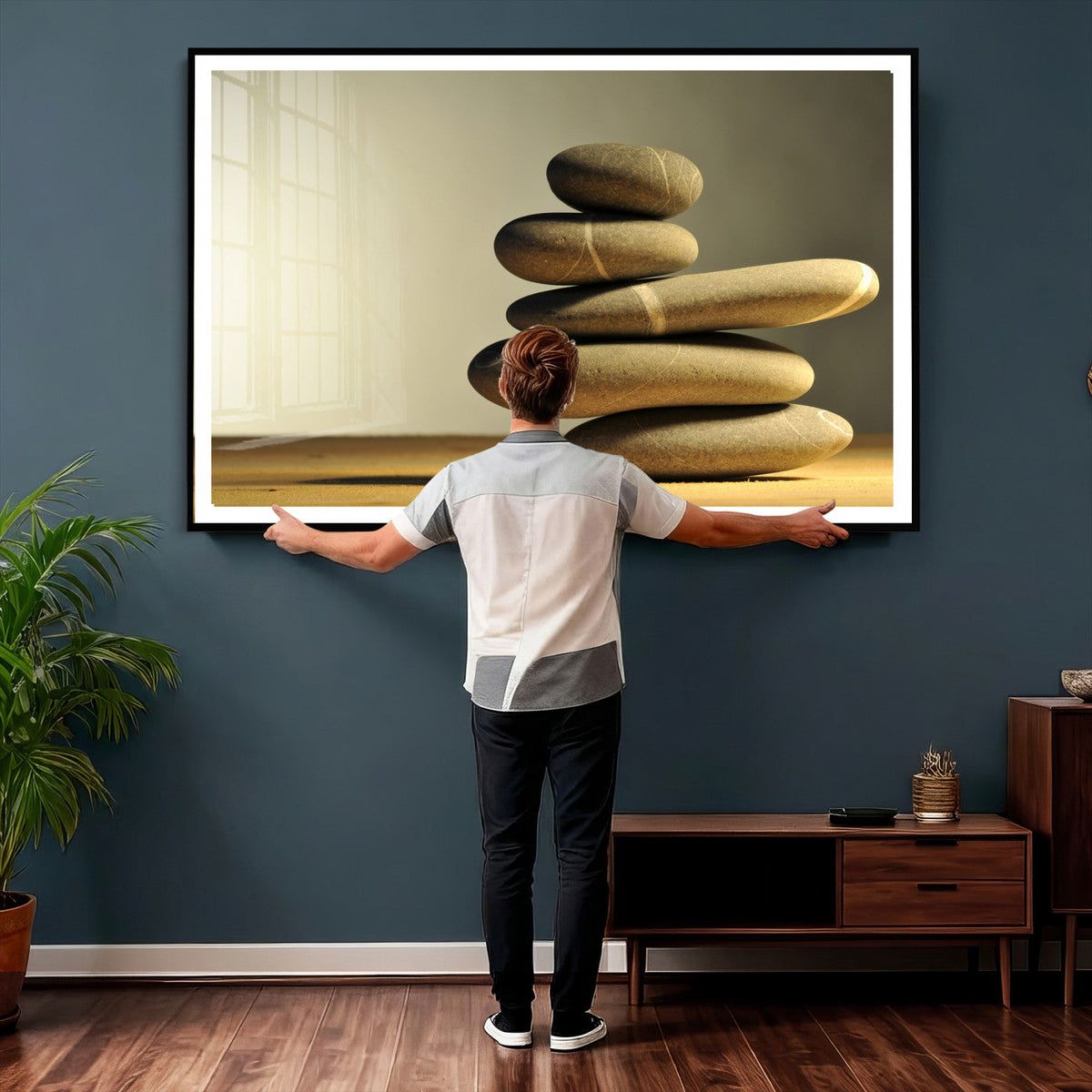 Zen Stone Wall Art Canvas Print, Balanced Rock Stack Framed