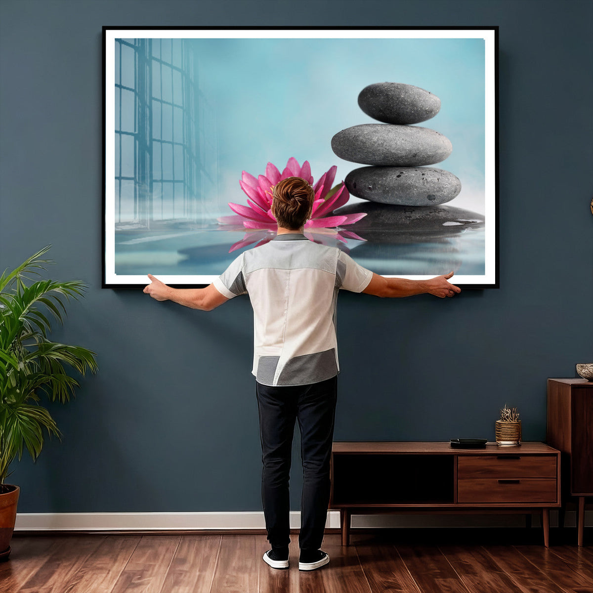 Zen Canvas Wall Art Lotus Flower Stacked Stones Teal Spa