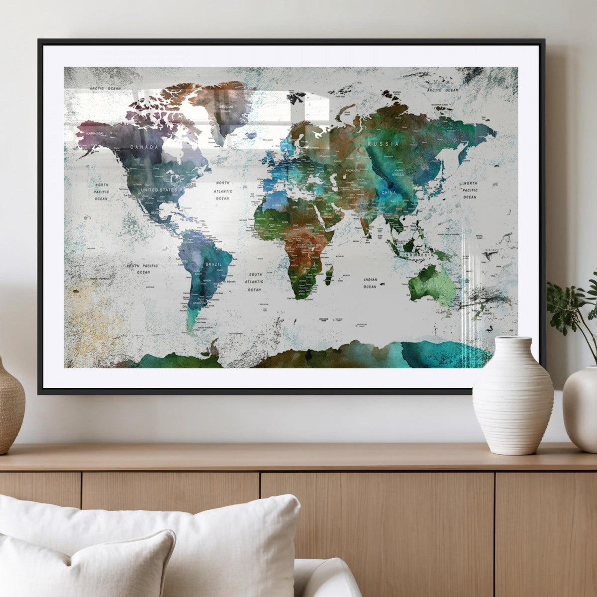 Modern Watercolor World Map Canvas Wall Art – Framed