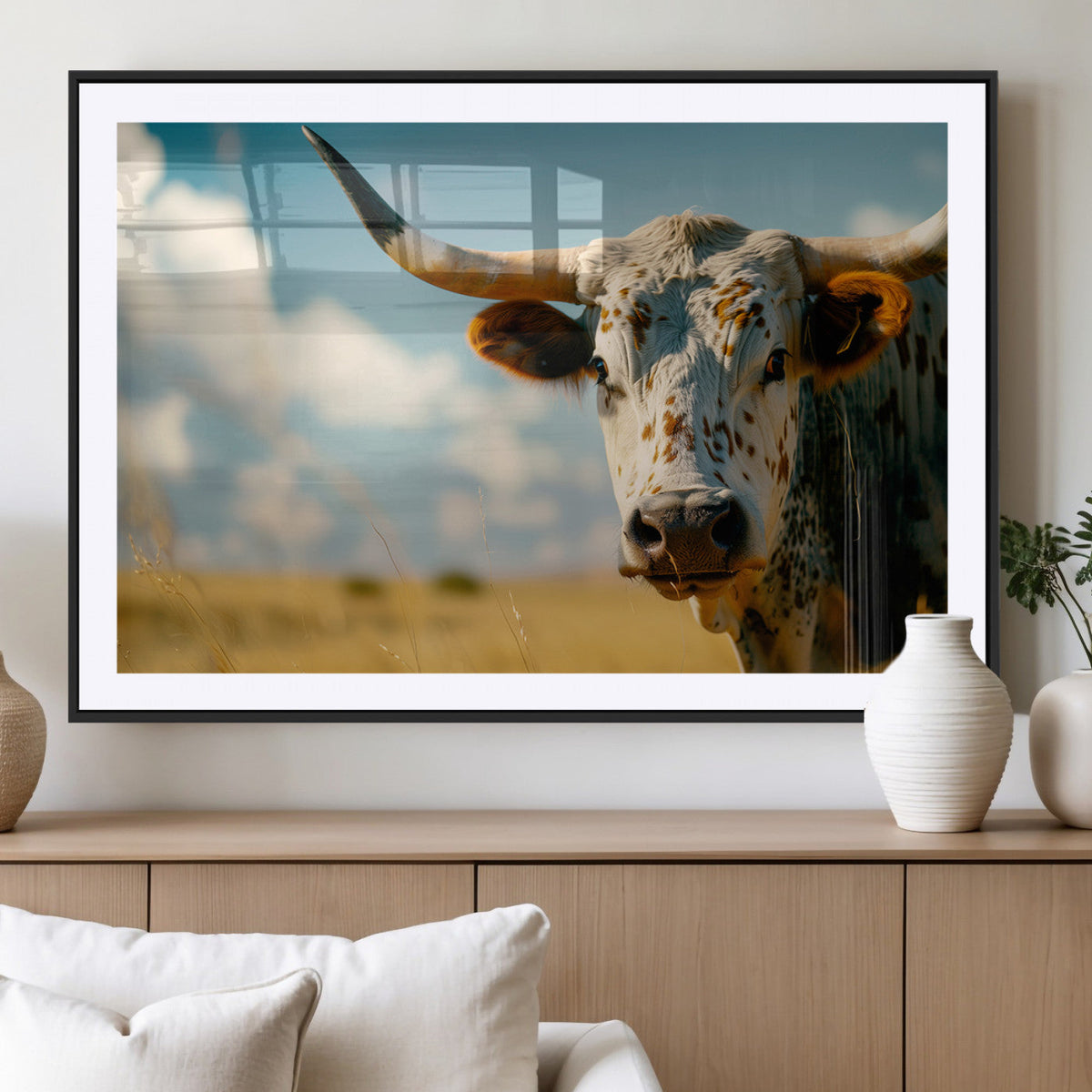 Longhorn in the Prairie - Stunning Ranch-Style Triptych Wall