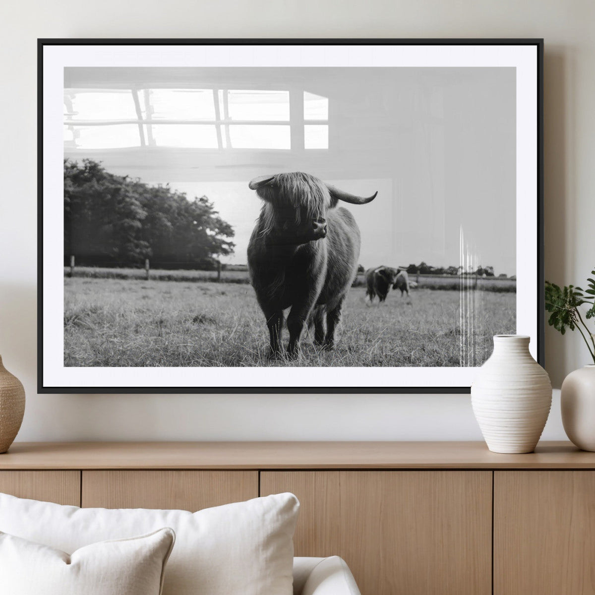 Black and White Highland Cow Wall Art Canvas Print | Rustic