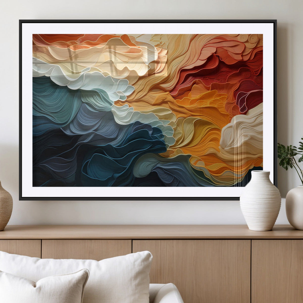 Blue Orange Abstract Wave Wall Art Canvas Print, Framed Blue