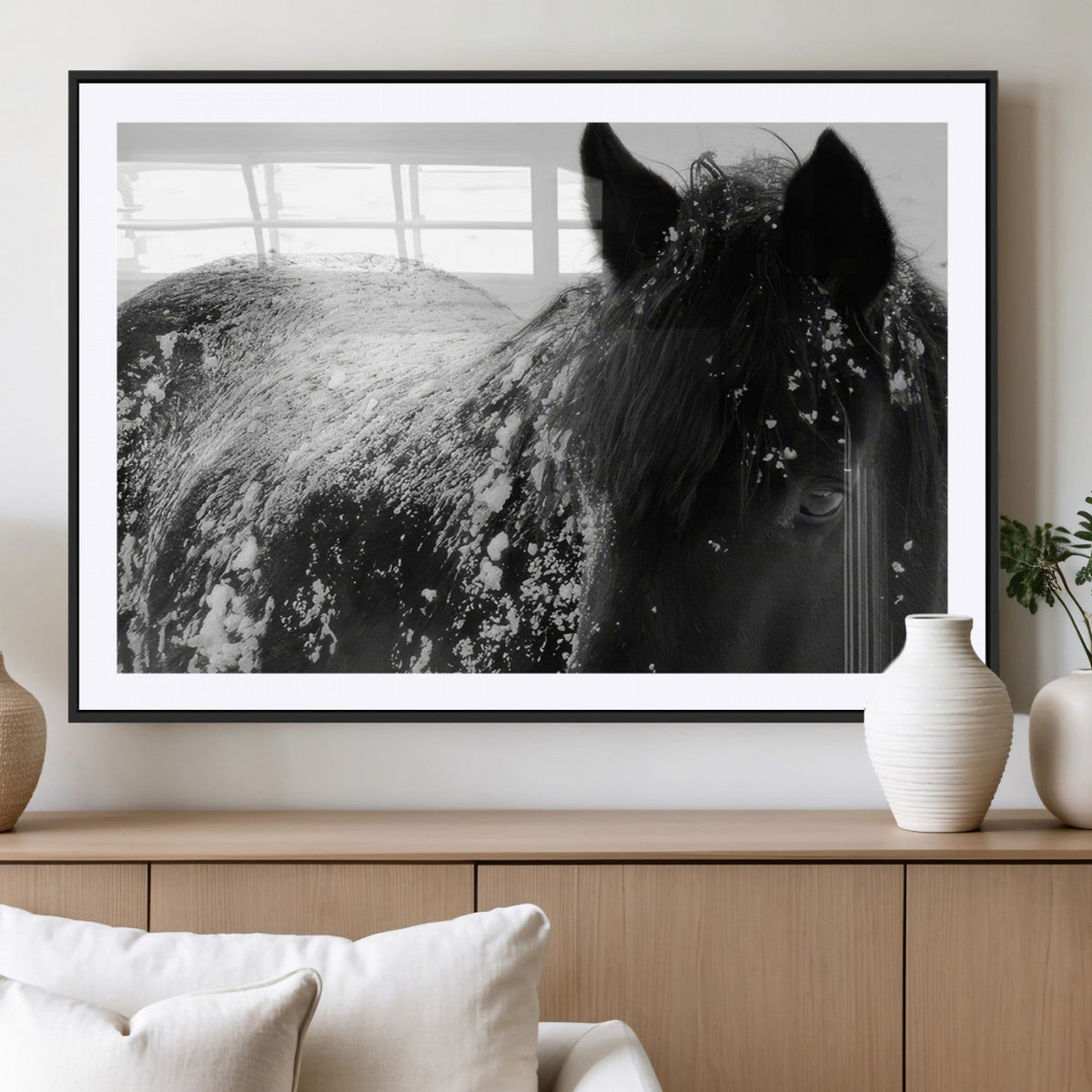 Black Horse in Snow Canvas Print | Winter Horse Wall Art |