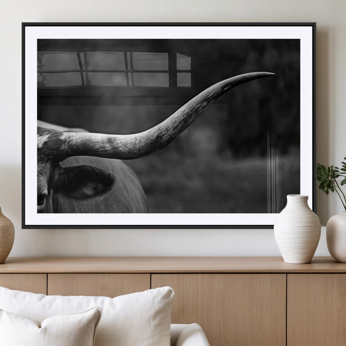 Cow Longhorn Wall Art | Black and White Print | Ready to