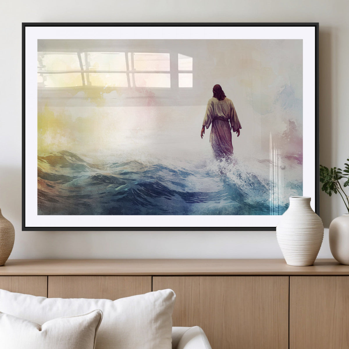 Watercolor Jesus Walking on Water Canvas Print, Christian