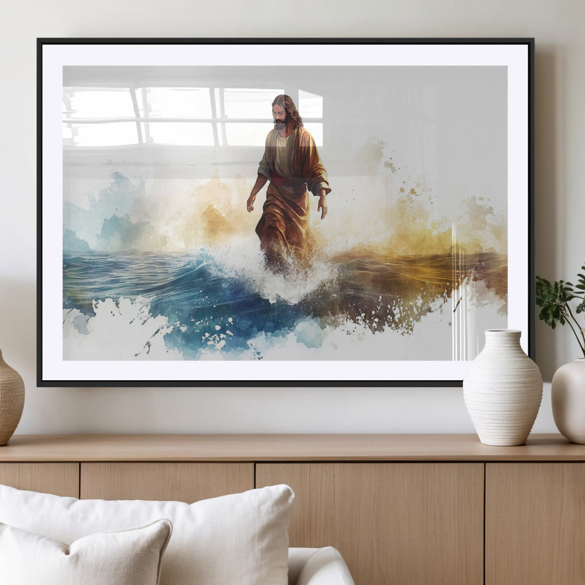 Watercolor Jesus Walking Wall Art Print, Jesus Water Canvas