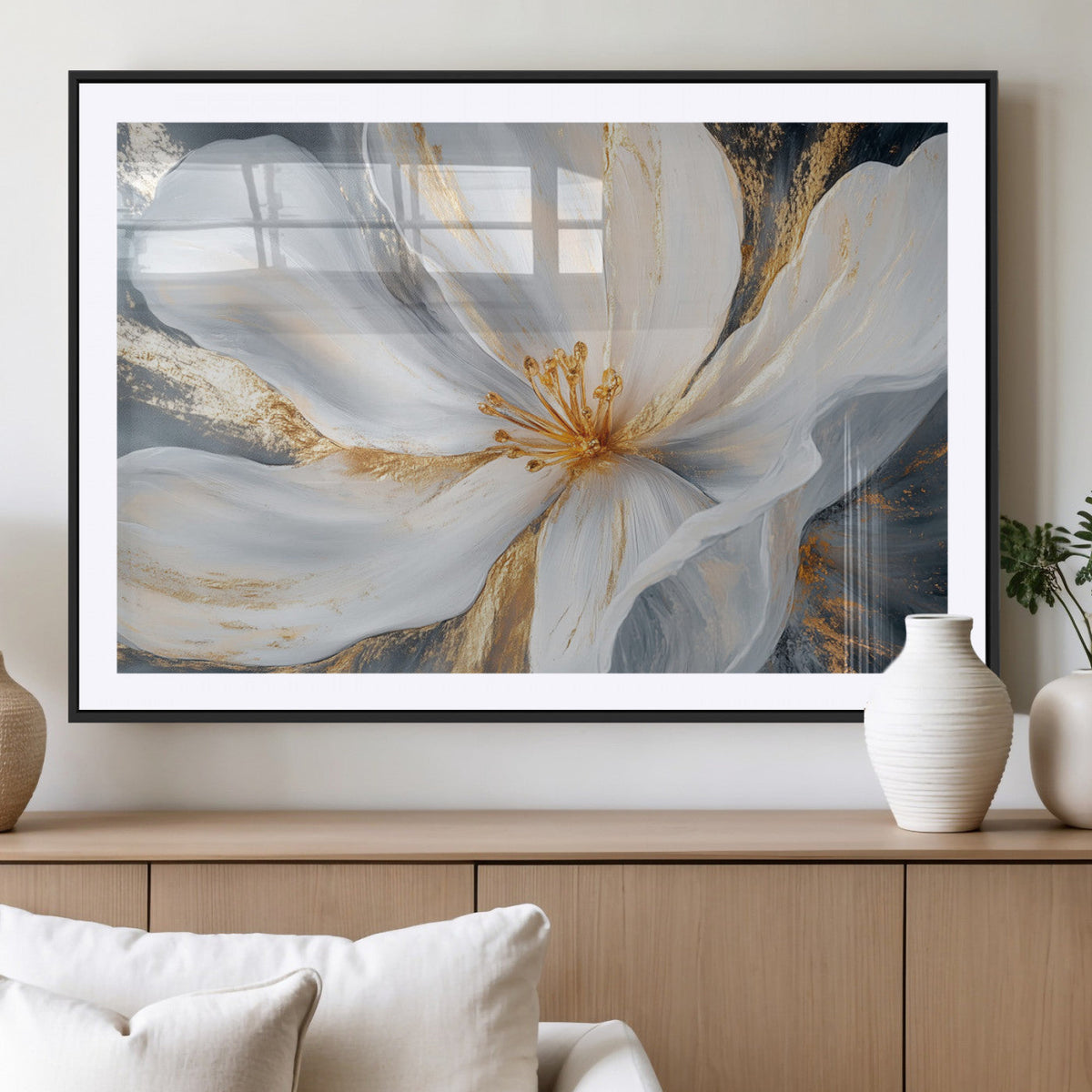 White and Gold Floral Canvas Wall Art - Framed and Ready to