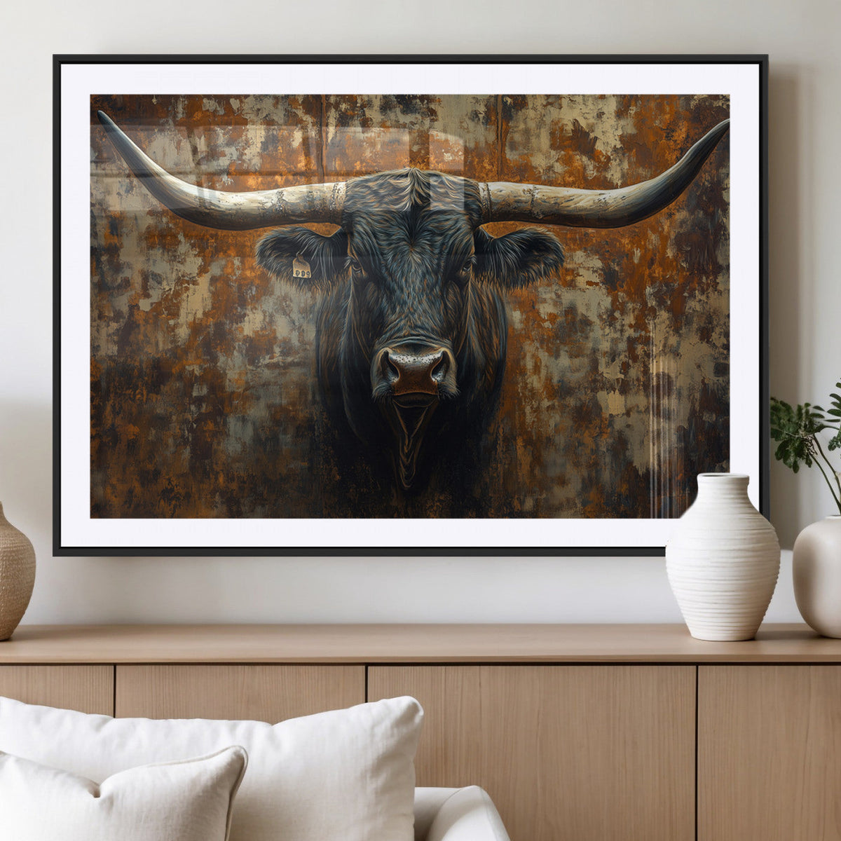 Longhorn Texas Cow Bull Wall Art | Rustic Farmhouse Canvas