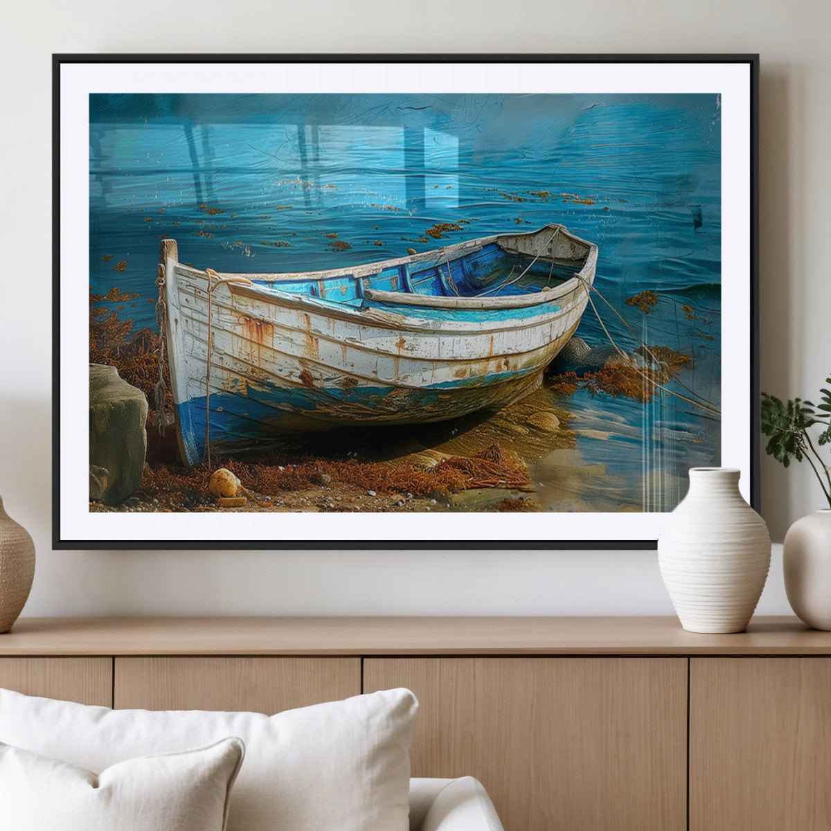 Vintage Boat on Tranquil Waters | Coastal Wall Art for