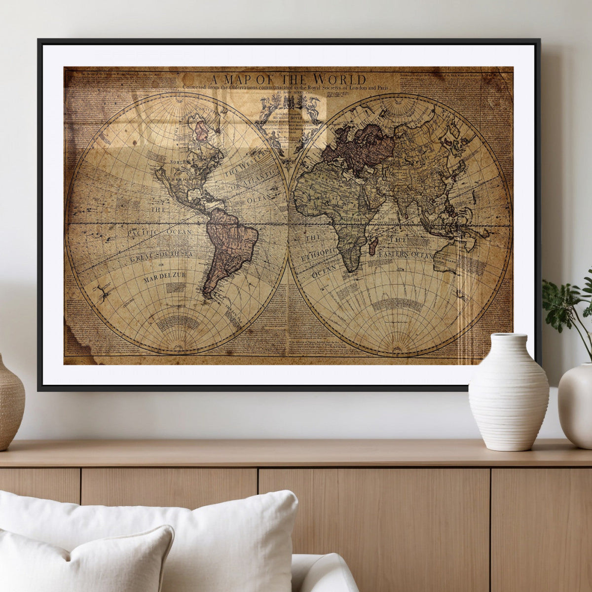 Vintage World Map Wall Art Canvas – Antique Style Push Pin