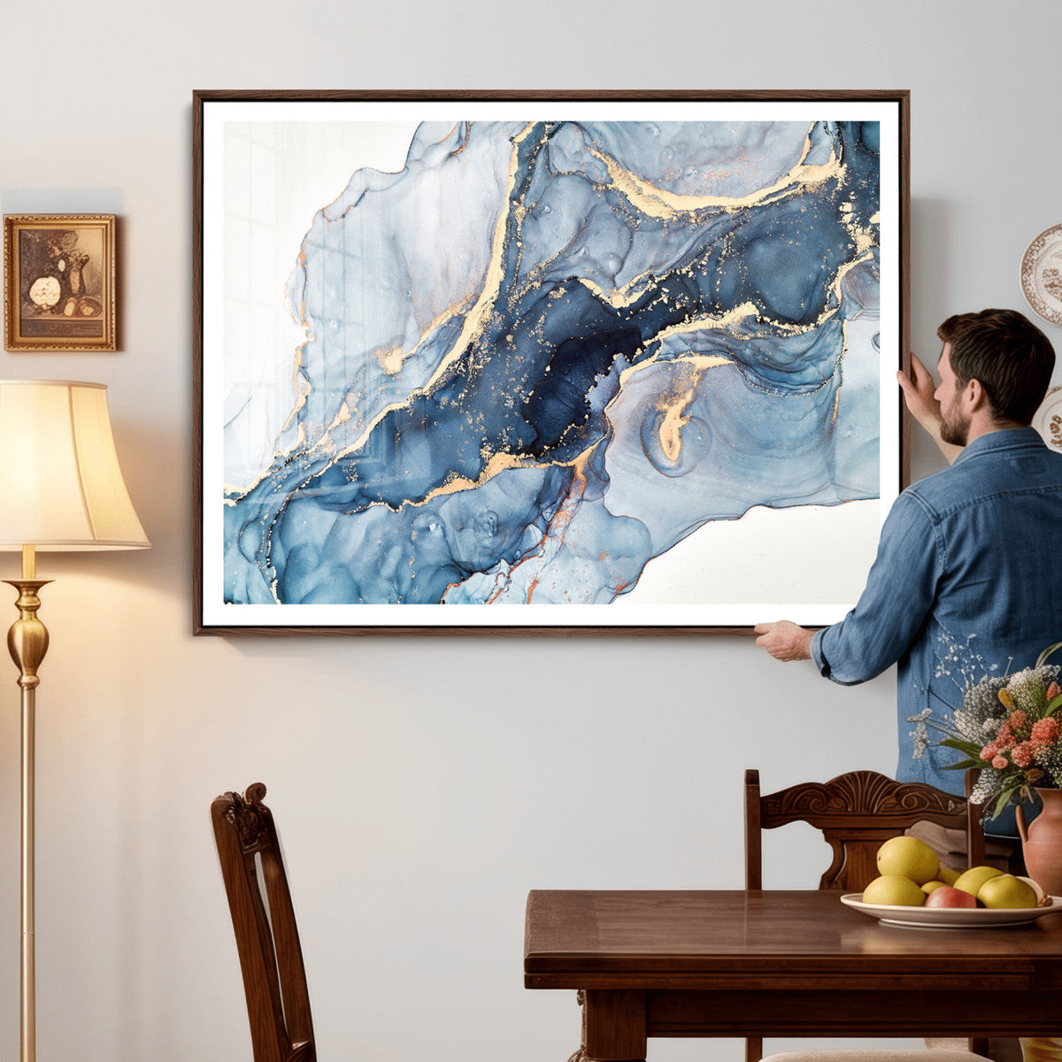 Blue Abstract Canvas Wall Art Print | Fluid Marble Effect Abstract Art