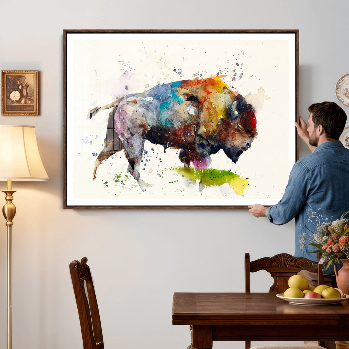 Abstract Buffalo Wall Art, Western Watercolor Bison Canvas