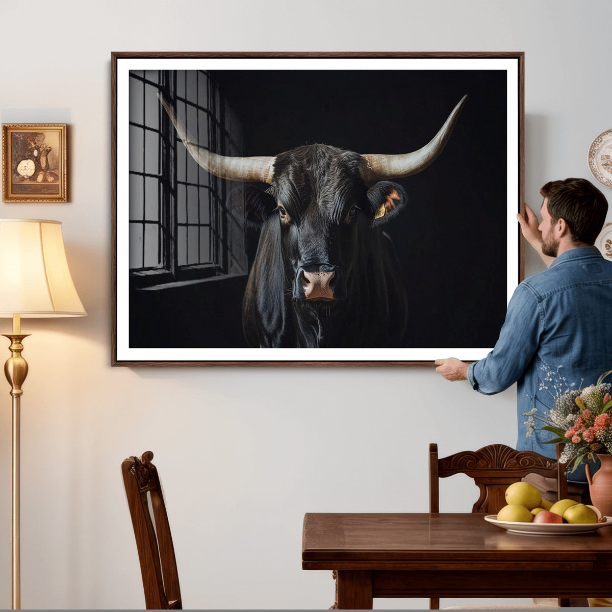 Majestic Longhorn Bull Wall Art Canvas Print – Dark