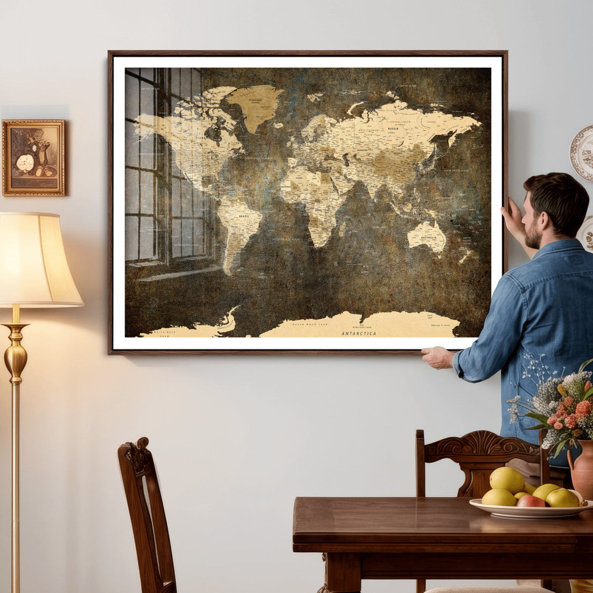 Large Framed Vintage World Map Wall Art Print for Home Wall