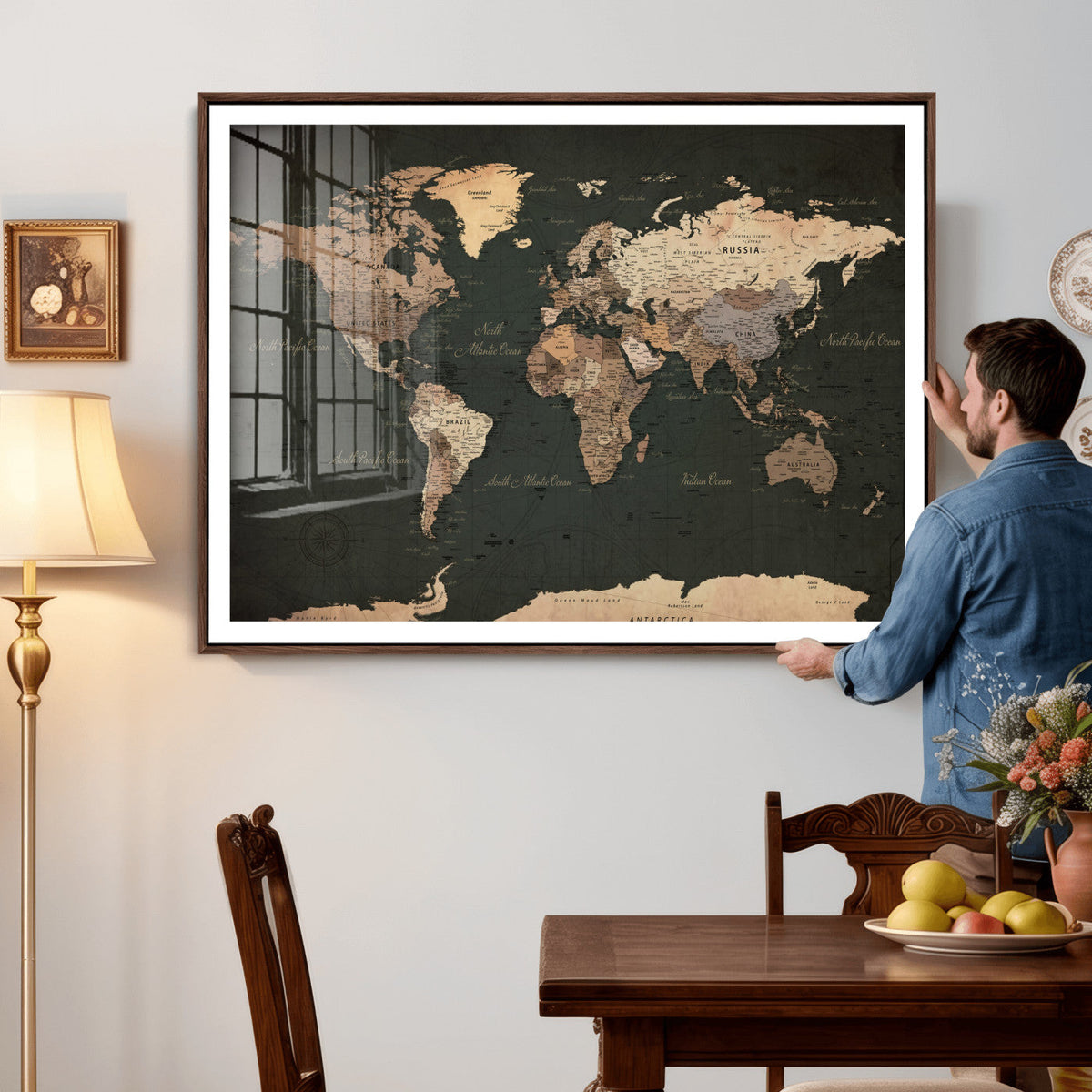 Vintage World Map Canvas Wall Art – Framed Travel Map for