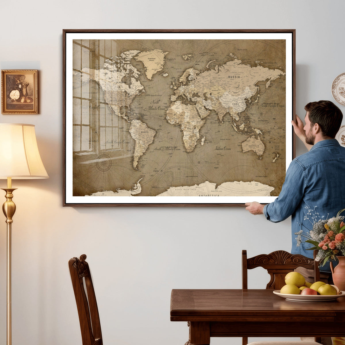 World Map Wall Art Canvas Print, Framed Map Art Picture