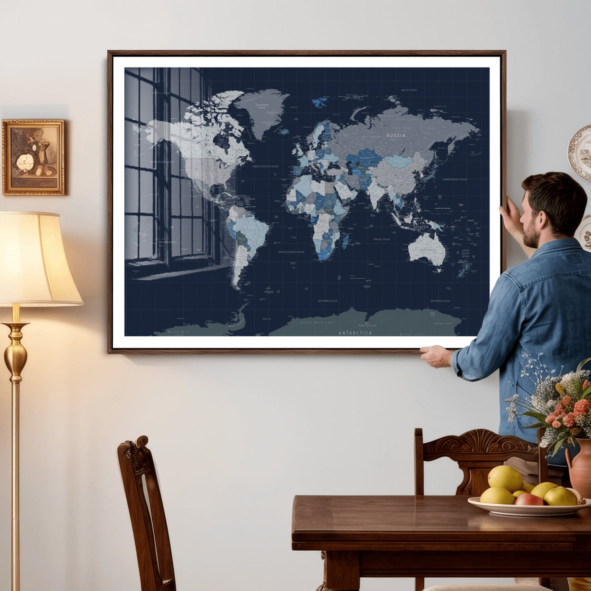 Blue Detailed World Map Wall Art Canvas Print, Modern Framed